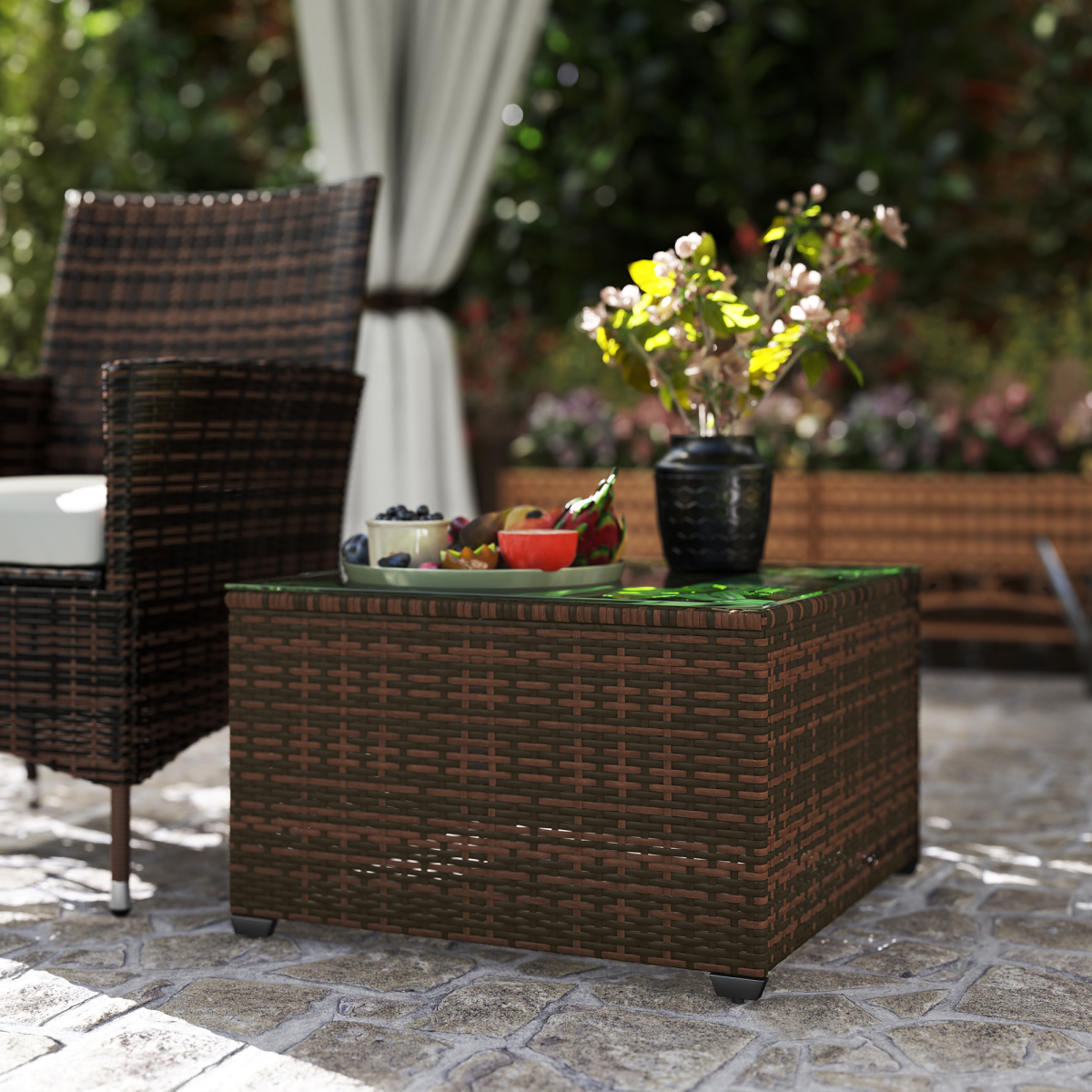 Esterno Outdoor Coffee Table with Glass Top, Rattan Side Table