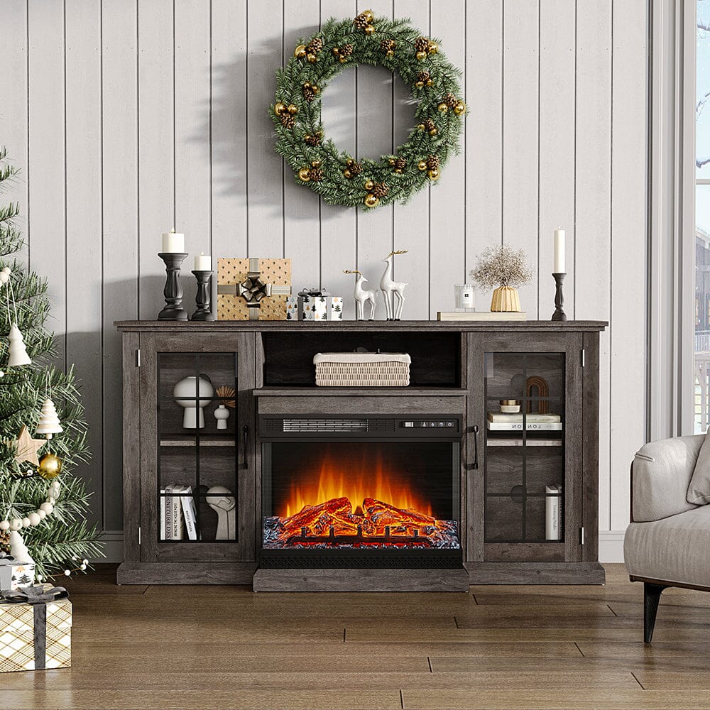 Smallbee Panoramic Glass Fireplace TV Stand with Storage Cabinets, Customizable Flames & Remote Control Smallbee UK Fireplace + TV Stand Grey 
