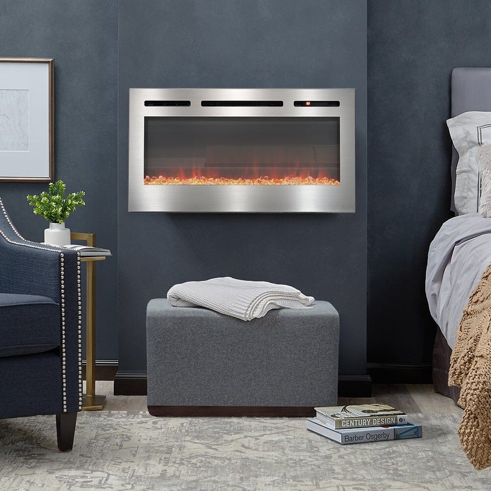 60 Inch Electric Fireplace Silver Recessed Fire with 12 LED Flame Colour