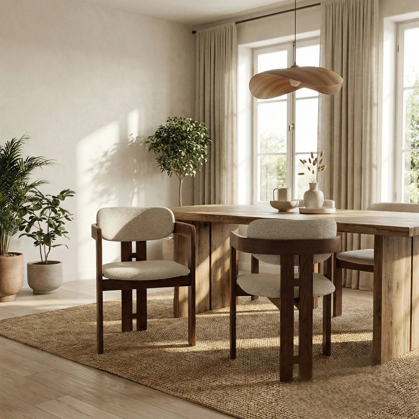 ALUXO Clara Walnut Dining Chair In Oatmeal Beige Boucle Fabric – Set of 2