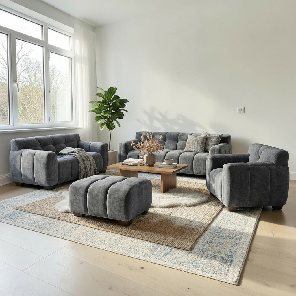 ALUXO Harlem 3 Seater Sofa In Steel Grey Velvet And Channel Stitch