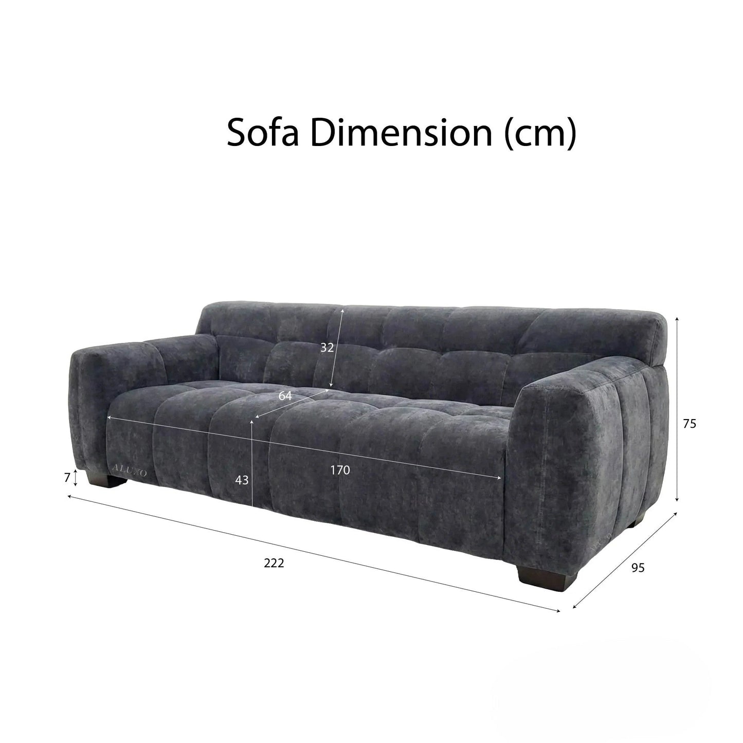 ALUXO Harlem 3 Seater Sofa In Steel Grey Velvet And Channel Stitch