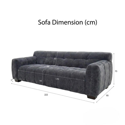 ALUXO Harlem 3 Seater Sofa In Steel Grey Velvet And Channel Stitch