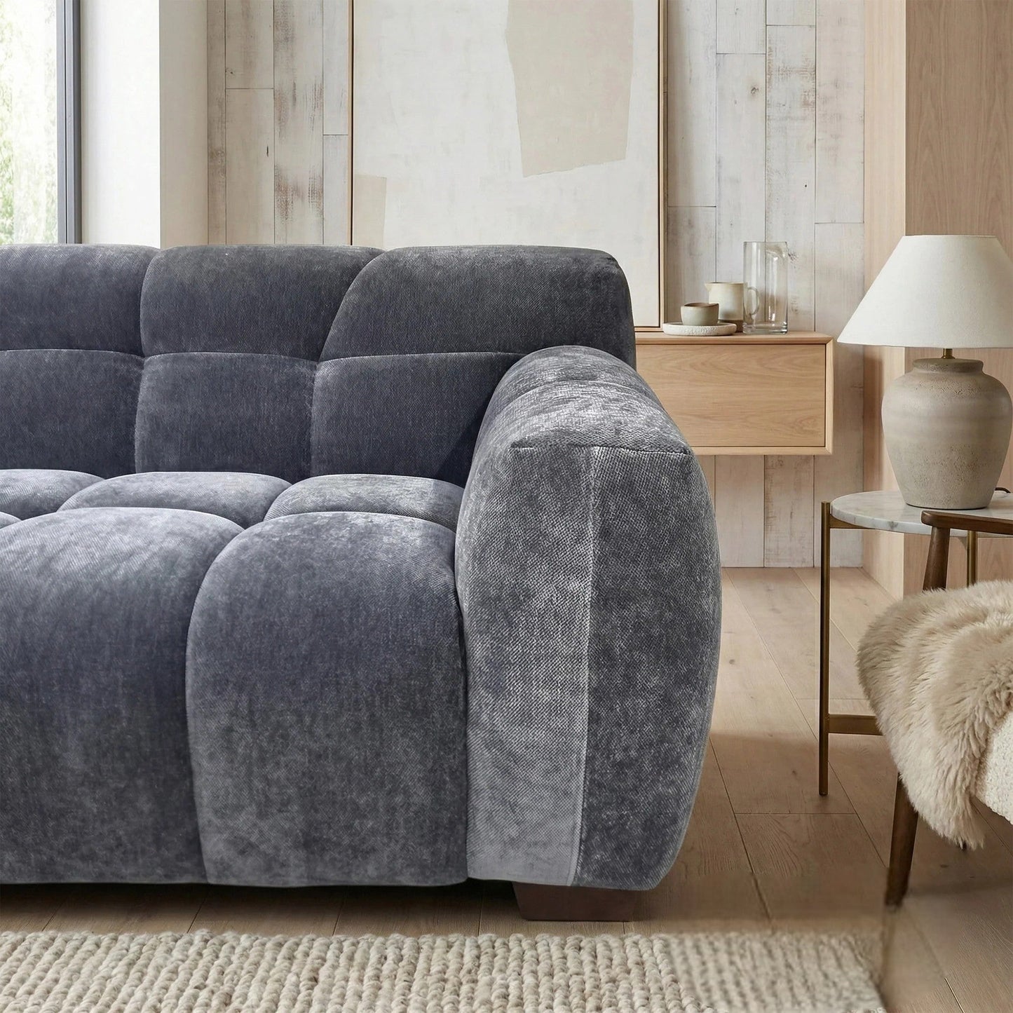 ALUXO Harlem 3 Seater Sofa In Steel Grey Velvet And Channel Stitch