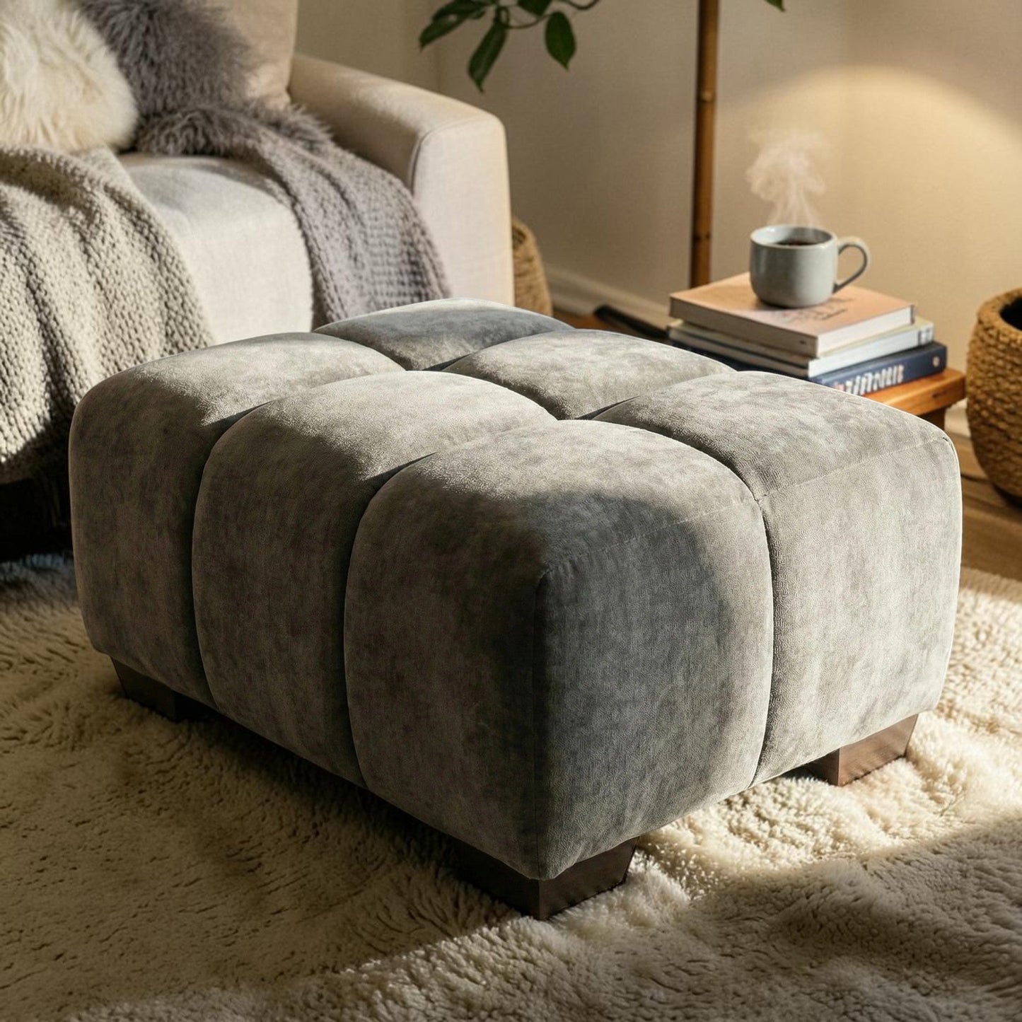 ALUXO Harlem Deep Channel Stitched Footstool In Cocoa Chocolate Mermaid Velvet