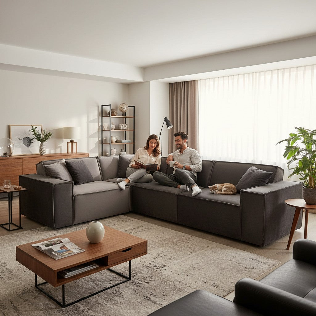 Midland Corner Sofa In Steel Grey Velvet Fabric