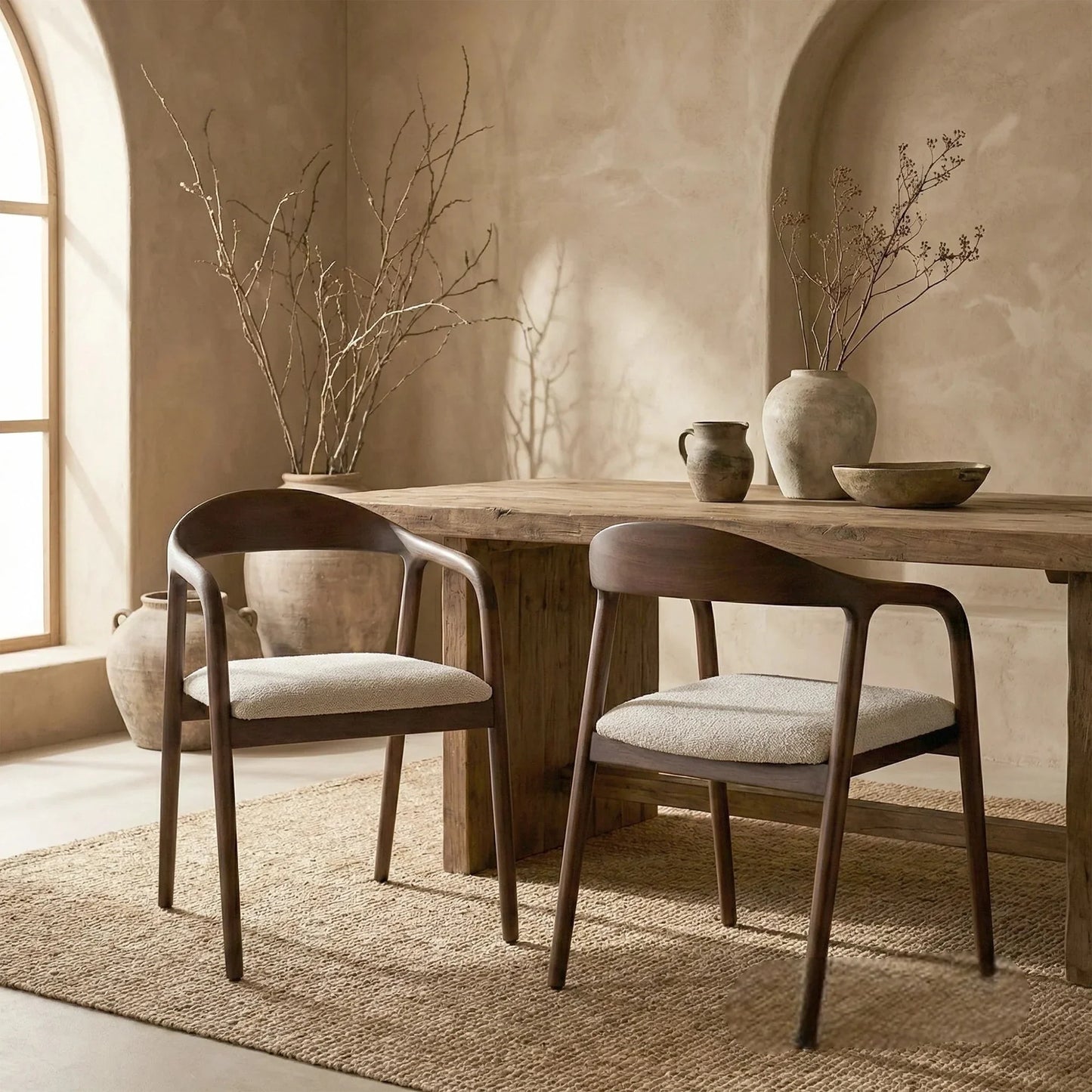 ALUXO Tess Walnut Dining Chair In Oatmeal Beige Boucle Fabric - Set Of 2
