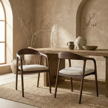 ALUXO Tess Walnut Dining Chair In Oatmeal Beige Boucle Fabric - Set Of 2