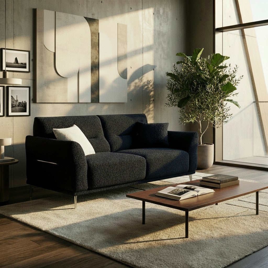 ALUXO Albany 2 Seater Sofa In Midnight Black Boucle Fabric