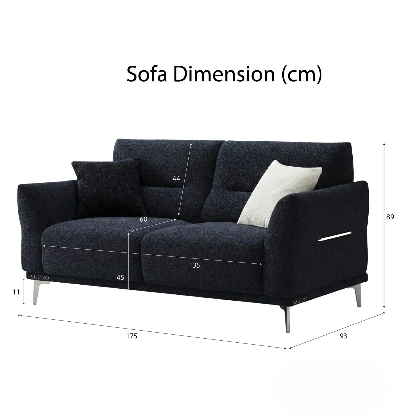 ALUXO Albany 2 Seater Sofa In Midnight Black Boucle Fabric
