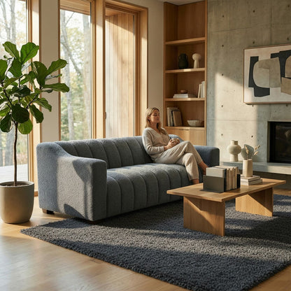 ALUXO Astoria Deep Channel Stitched 3 Seater Sofa in Iron Grey Boucle Fabric