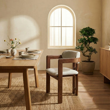 ALUXO Clara Walnut Dining Chair In Oatmeal Beige Boucle Fabric – Set of 2