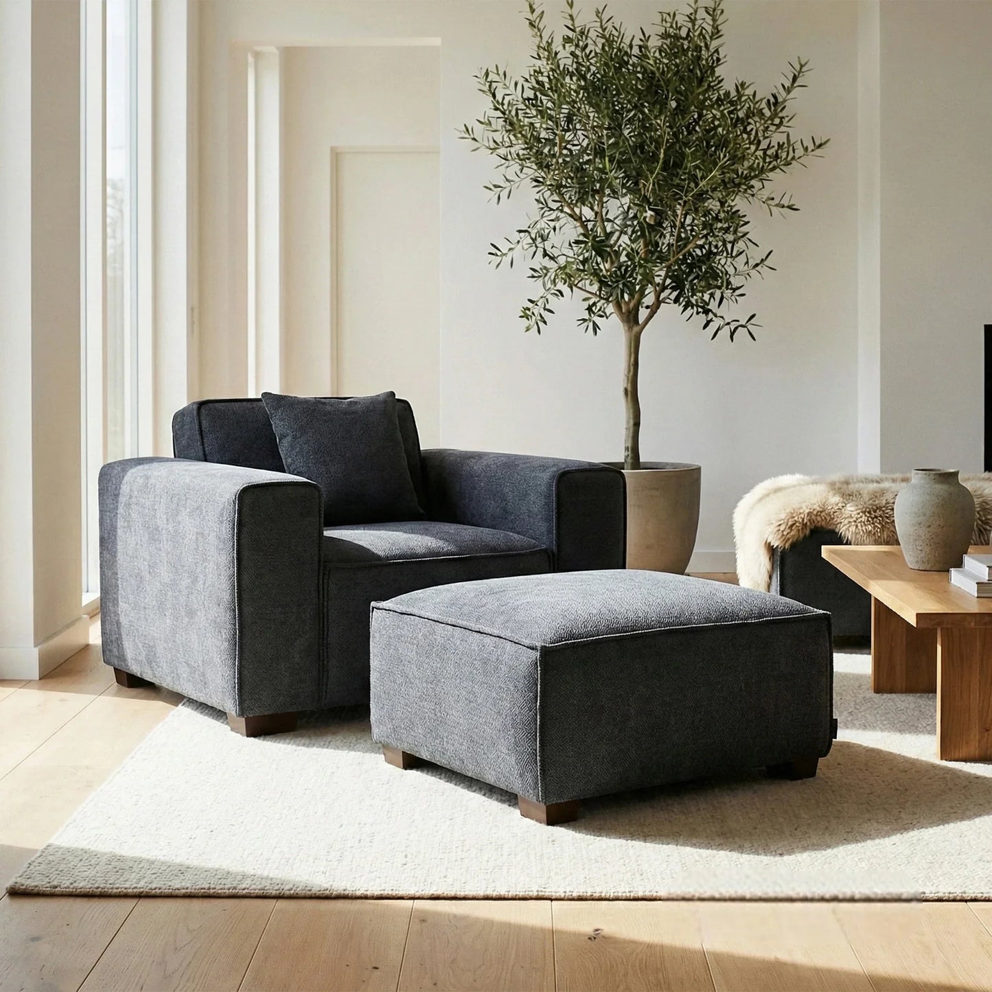 ALUXO Dakota Modular Footstool In Charcoal Grey Boucle Fabric
