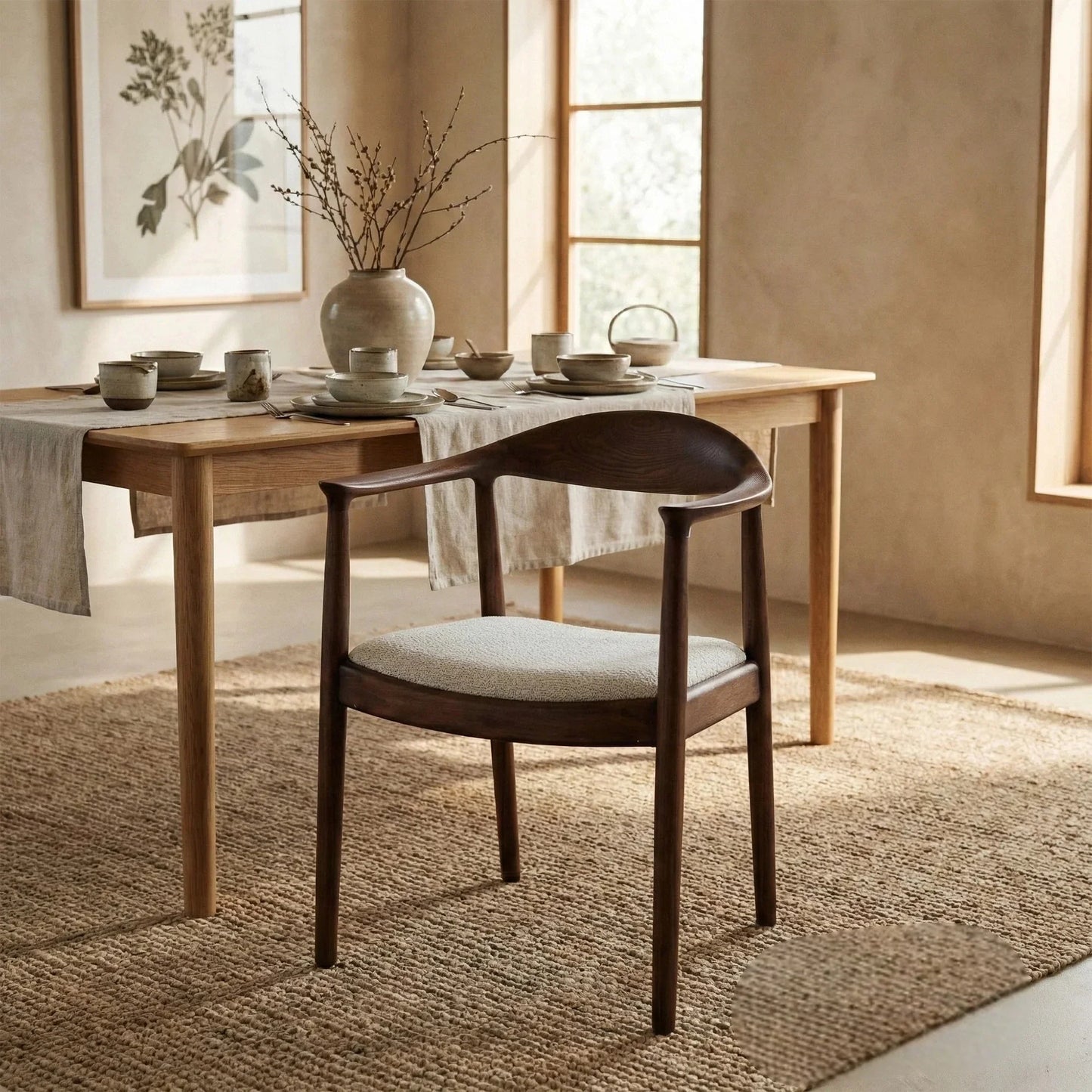 ALUXO Fern Walnut Dining Chair In Oatmeal Bouclé Fabric – Set of 2