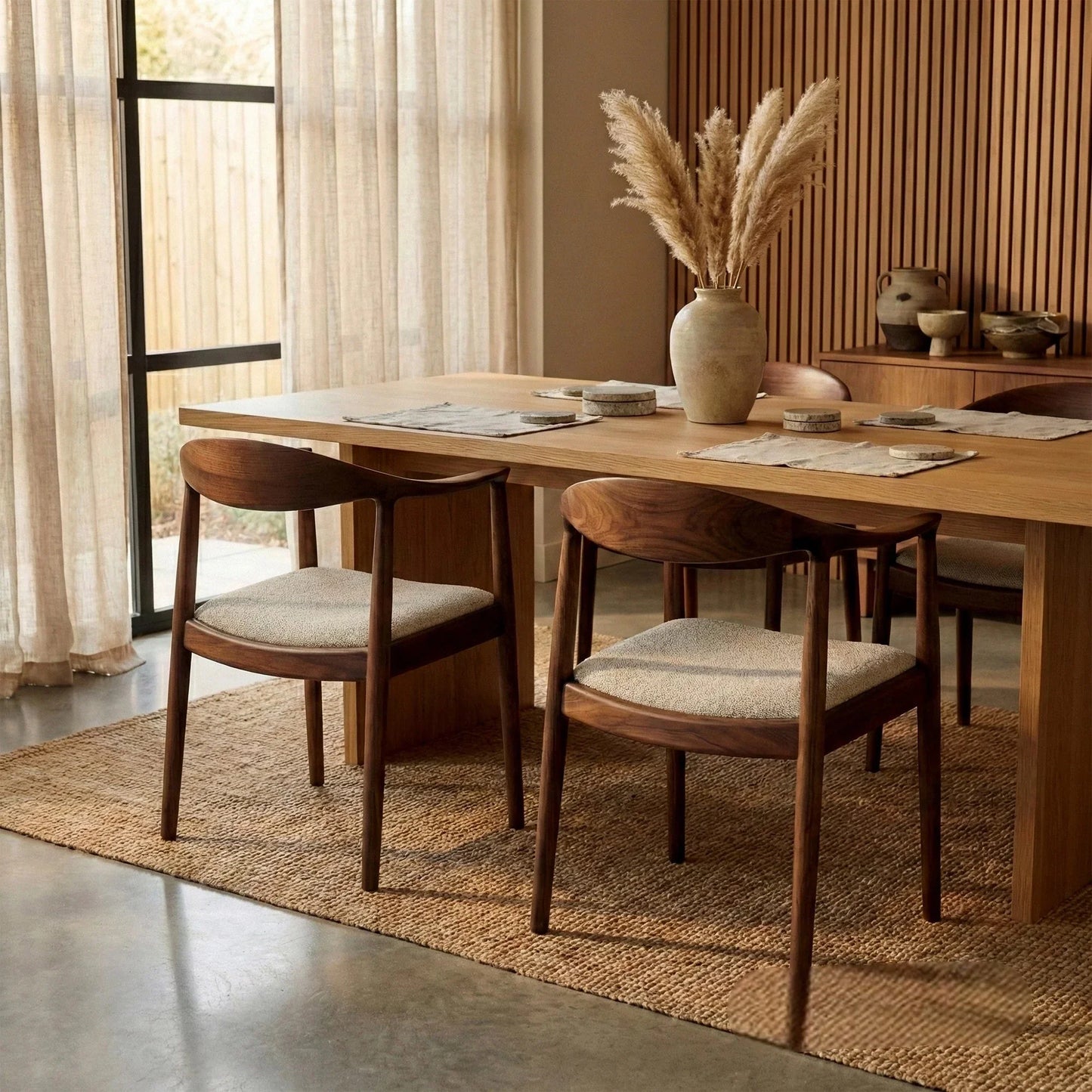 ALUXO Fern Walnut Dining Chair In Oatmeal Bouclé Fabric – Set of 2