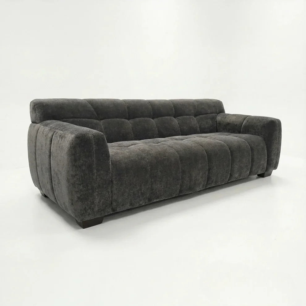 ALUXO Harlem 3 Seater Sofa In Steel Grey Velvet And Channel Stitch
