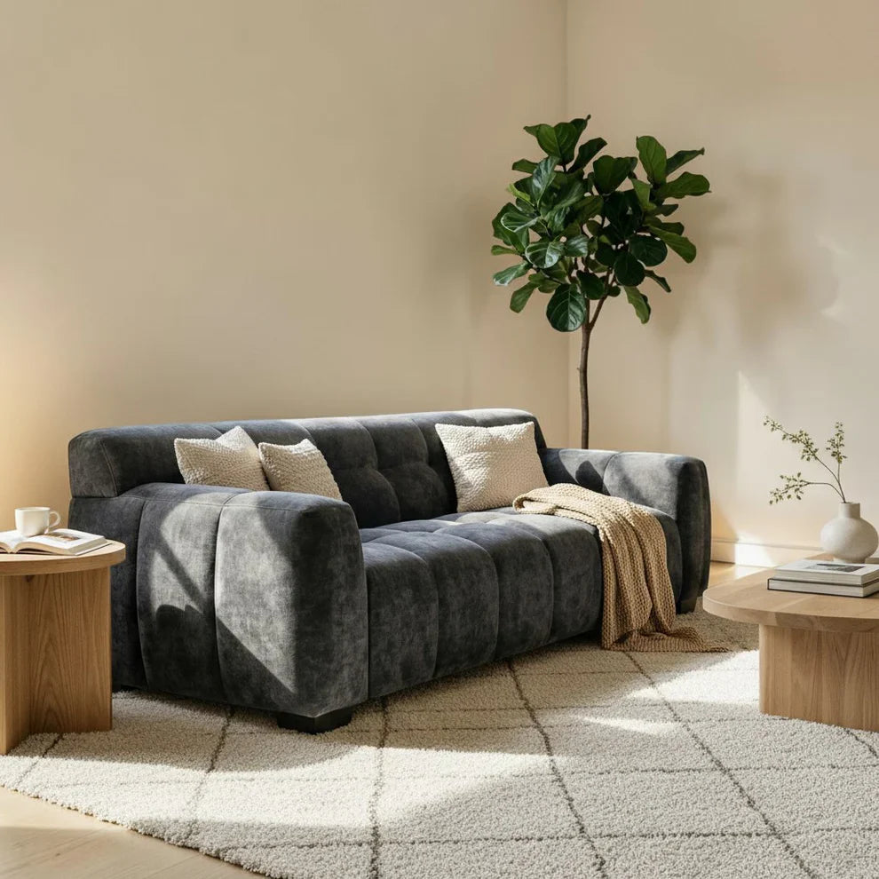 ALUXO Harlem 3 Seater Sofa In Cocoa Chocolate Velvet And Channel Stitch