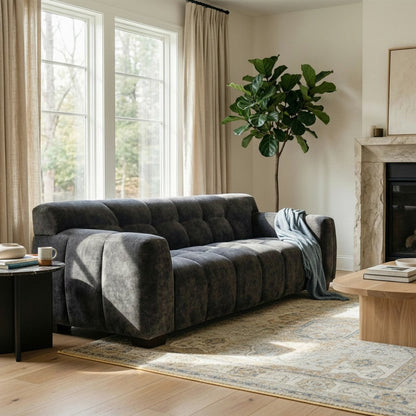 ALUXO Harlem 3 Seater Sofa In Steel Grey Velvet And Channel Stitch
