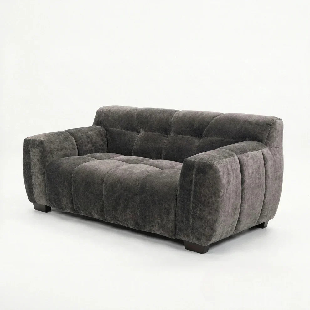 ALUXO Harlem Deep Channel Stitched 2 Seater Sofa In Steel Grey Mermaid Velvet