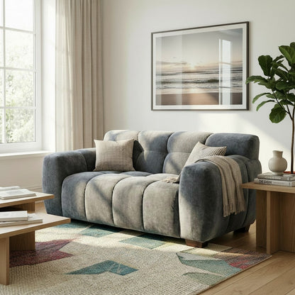 ALUXO Harlem Deep Channel Stitched 2 Seater Sofa In Steel Grey Mermaid Velvet
