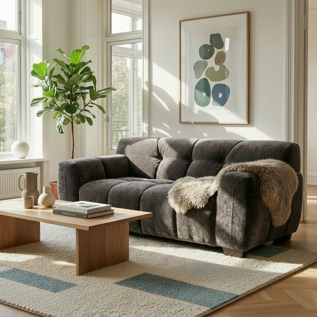 ALUXO Harlem Deep Channel Stitched 2 Seater Sofa In Steel Grey Mermaid Velvet