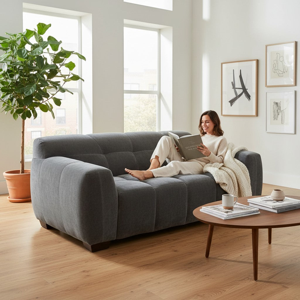 ALUXO Harlem Deep Channel Stitched 2 Seater Sofa In Steel Grey Mermaid Velvet