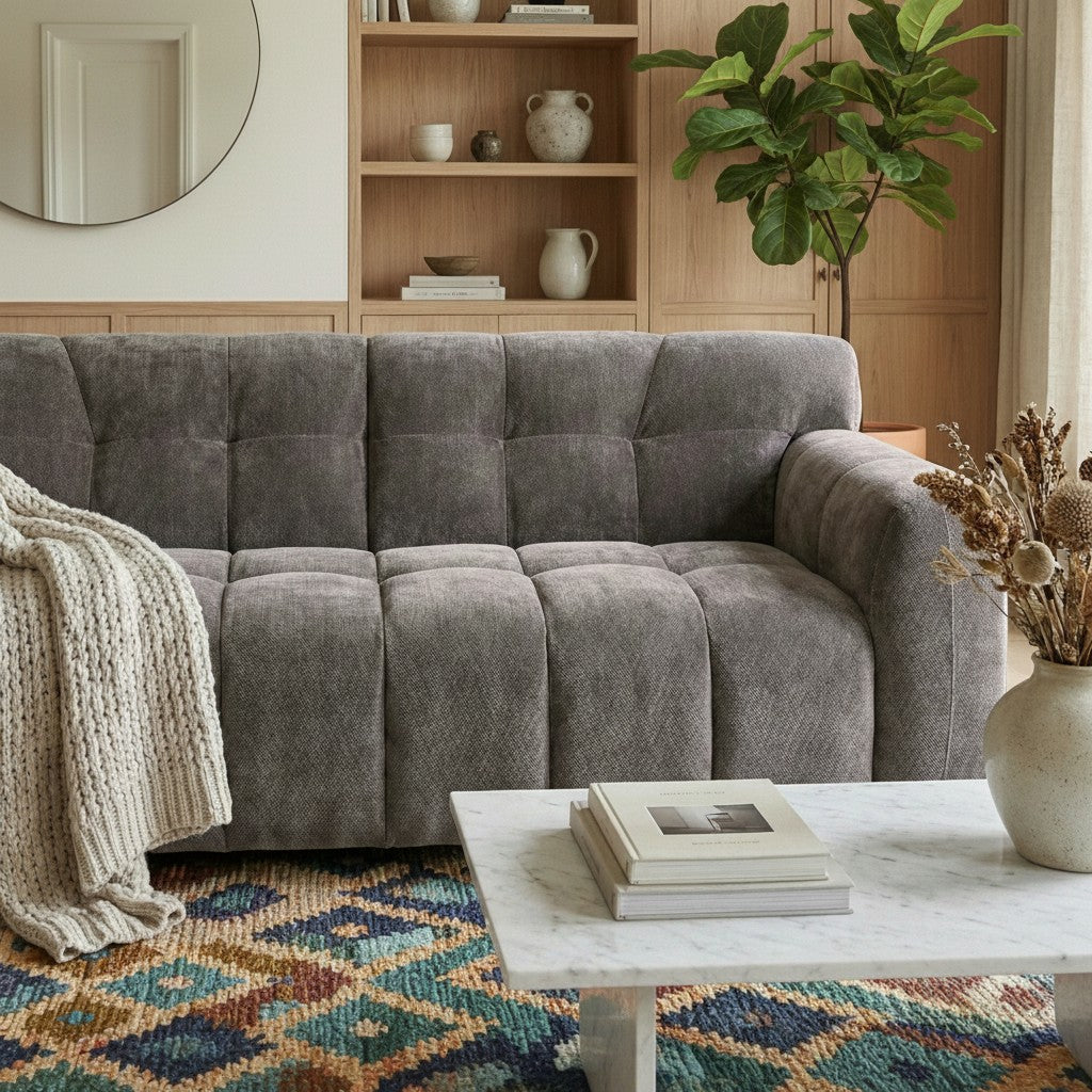 ALUXO Harlem 3 Seater Sofa In Steel Grey Velvet And Channel Stitch