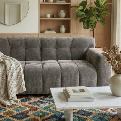 ALUXO Harlem Deep Channel Stitched 2 Seater Sofa In Steel Grey Mermaid Velvet
