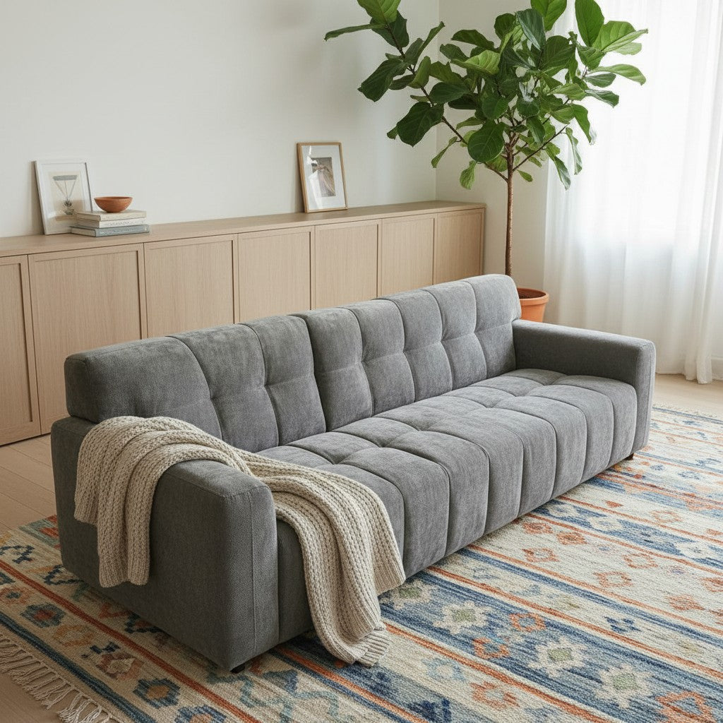 ALUXO Harlem Deep Channel Stitched 2 Seater Sofa In Steel Grey Mermaid Velvet