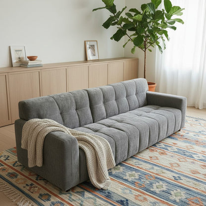 ALUXO Harlem Deep Channel Stitched 2 Seater Sofa In Steel Grey Mermaid Velvet