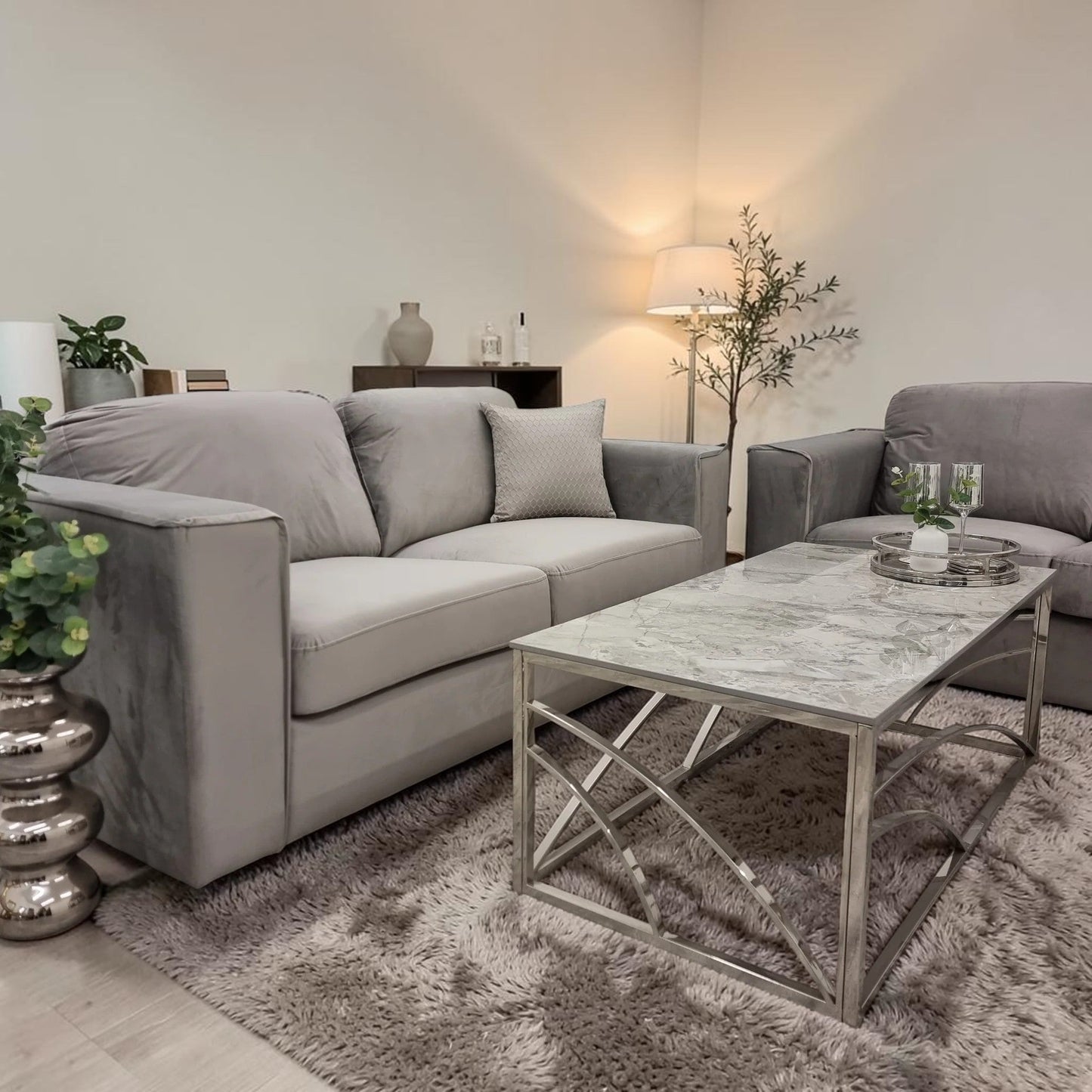 Hudson 3+2 Seater Sofa With Fixed Back Cushion In Steel Grey Velvet