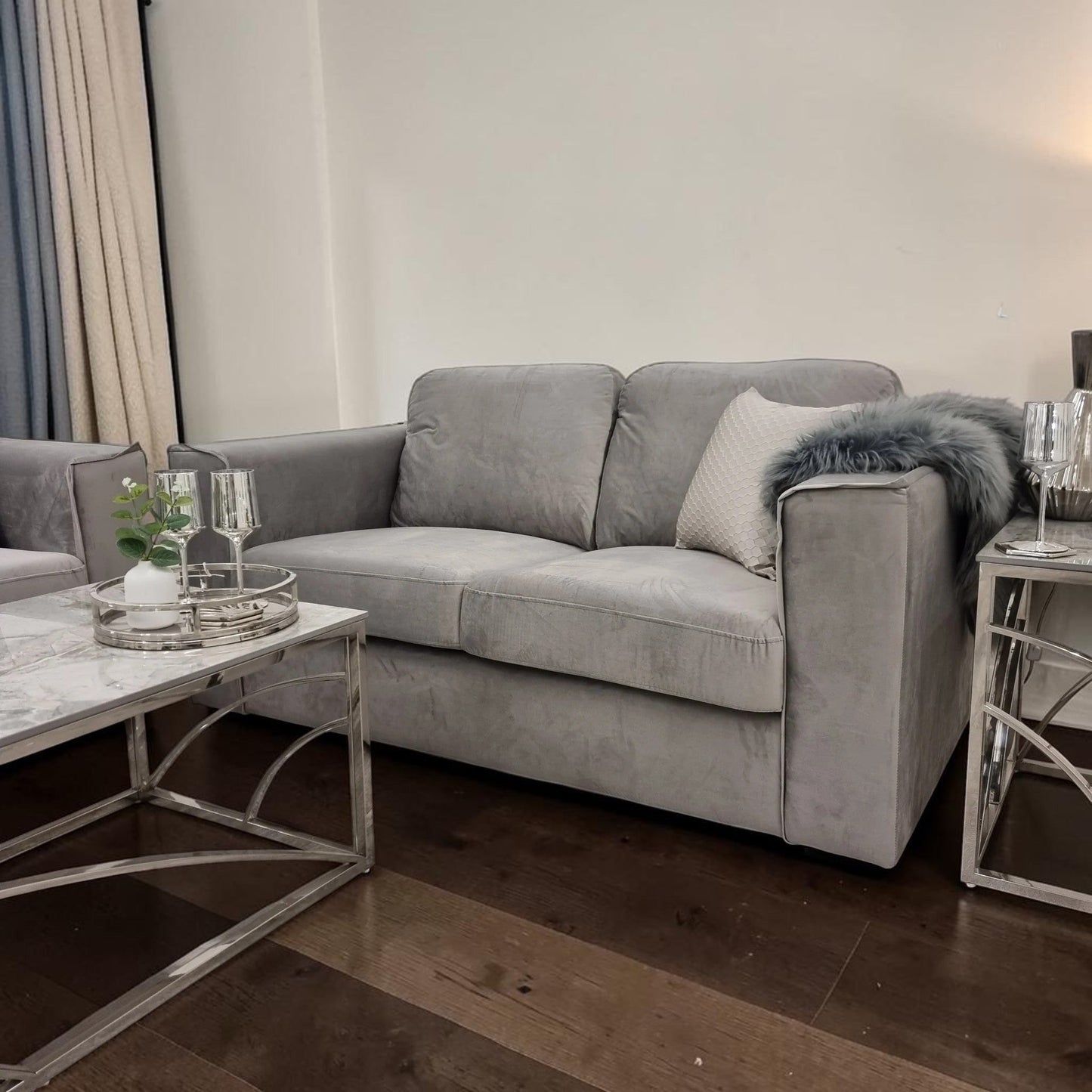 Hudson 3+2 Seater Sofa With Fixed Back Cushion In Steel Grey Velvet