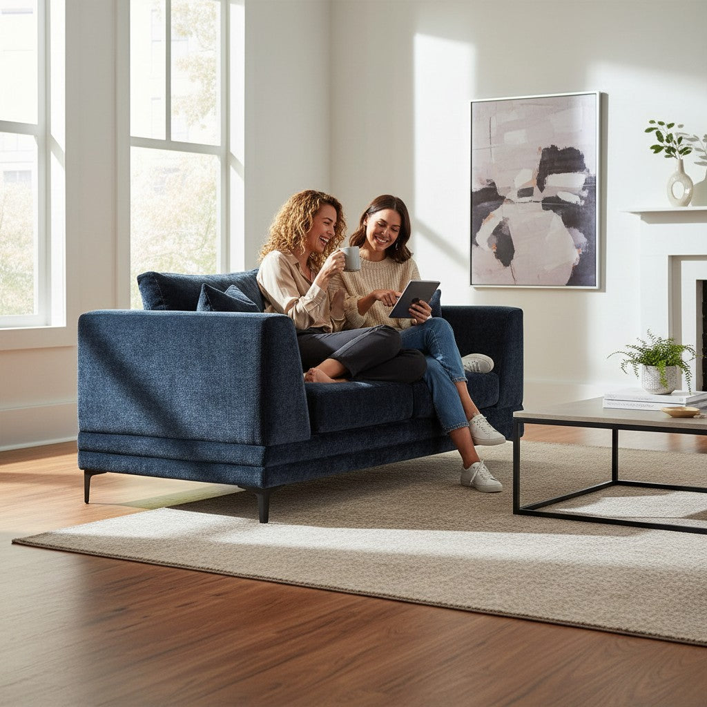 ALUXO Lenox 2 Seater Sofa In Aegean Blue Mermaid Velvet