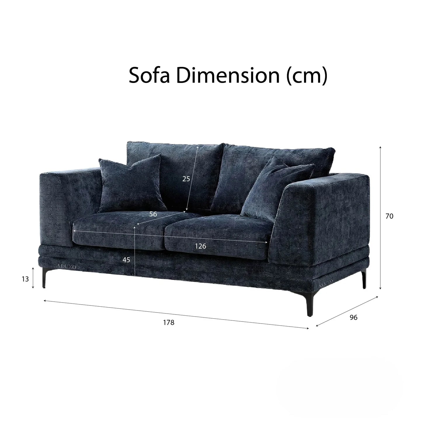 ALUXO Lenox 2 Seater Sofa In Aegean Blue Mermaid Velvet