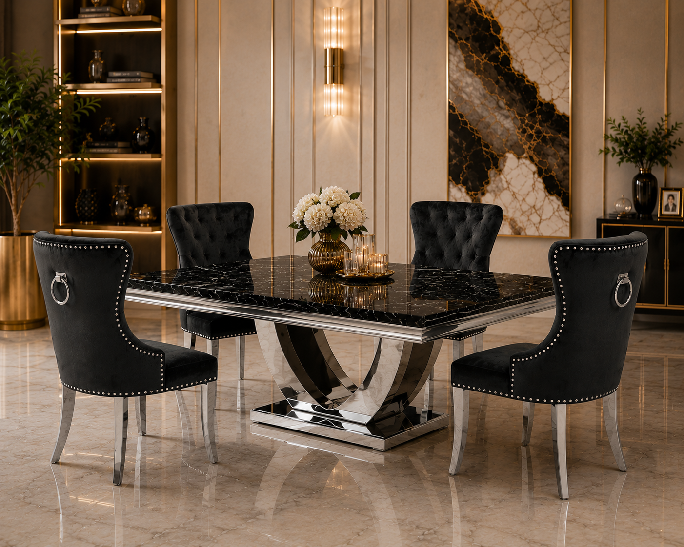 ALUXO Megan Dark Grey Velvet Dining Chair With Chrome Ring Knocker And Studded Detail