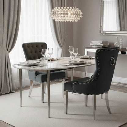 ALUXO Megan Dark Grey Velvet Dining Chair With Chrome Ring Knocker And Studded Detail