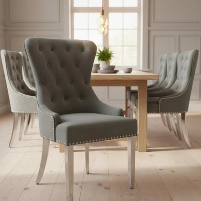 ALUXO Megan Dark Grey Velvet Dining Chair With Chrome Ring Knocker And Studded Detail