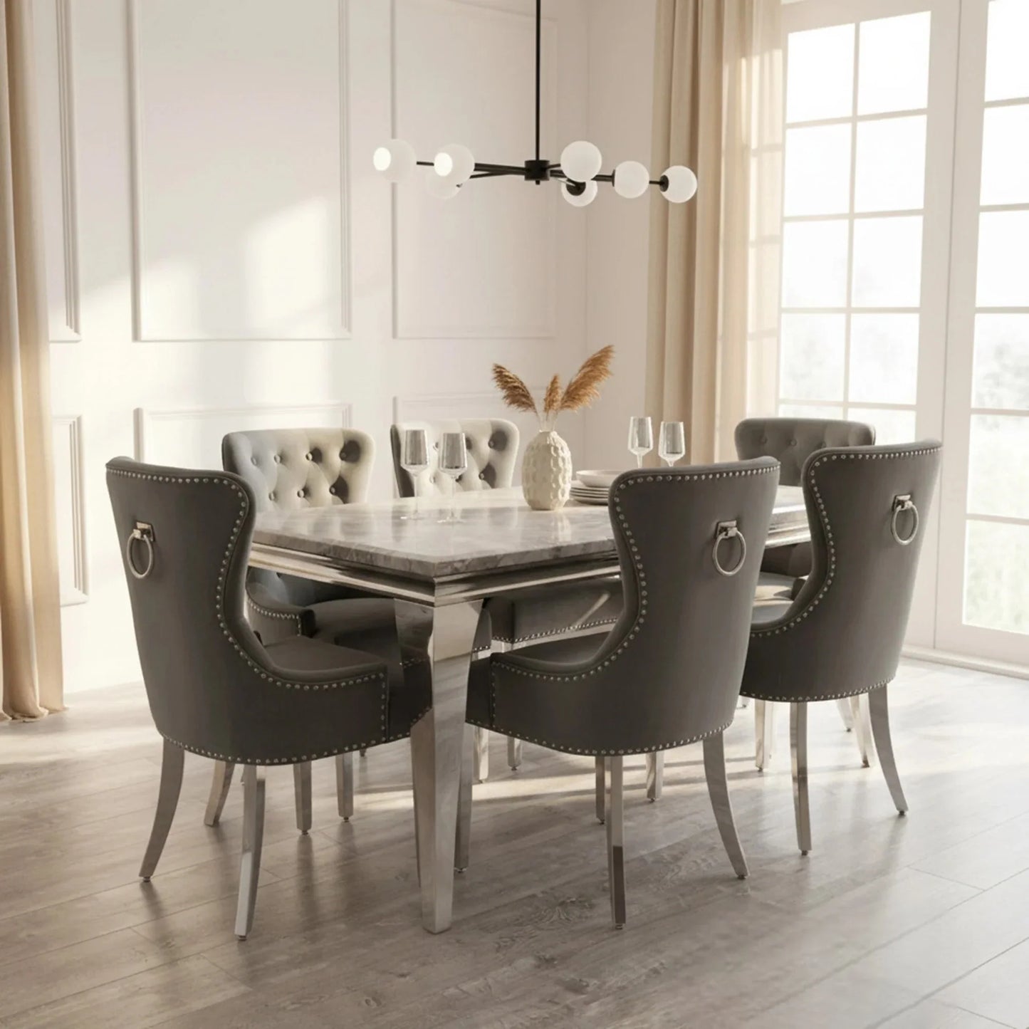 ALUXO Megan Dark Grey Velvet Dining Chair With Chrome Ring Knocker And Studded Detail