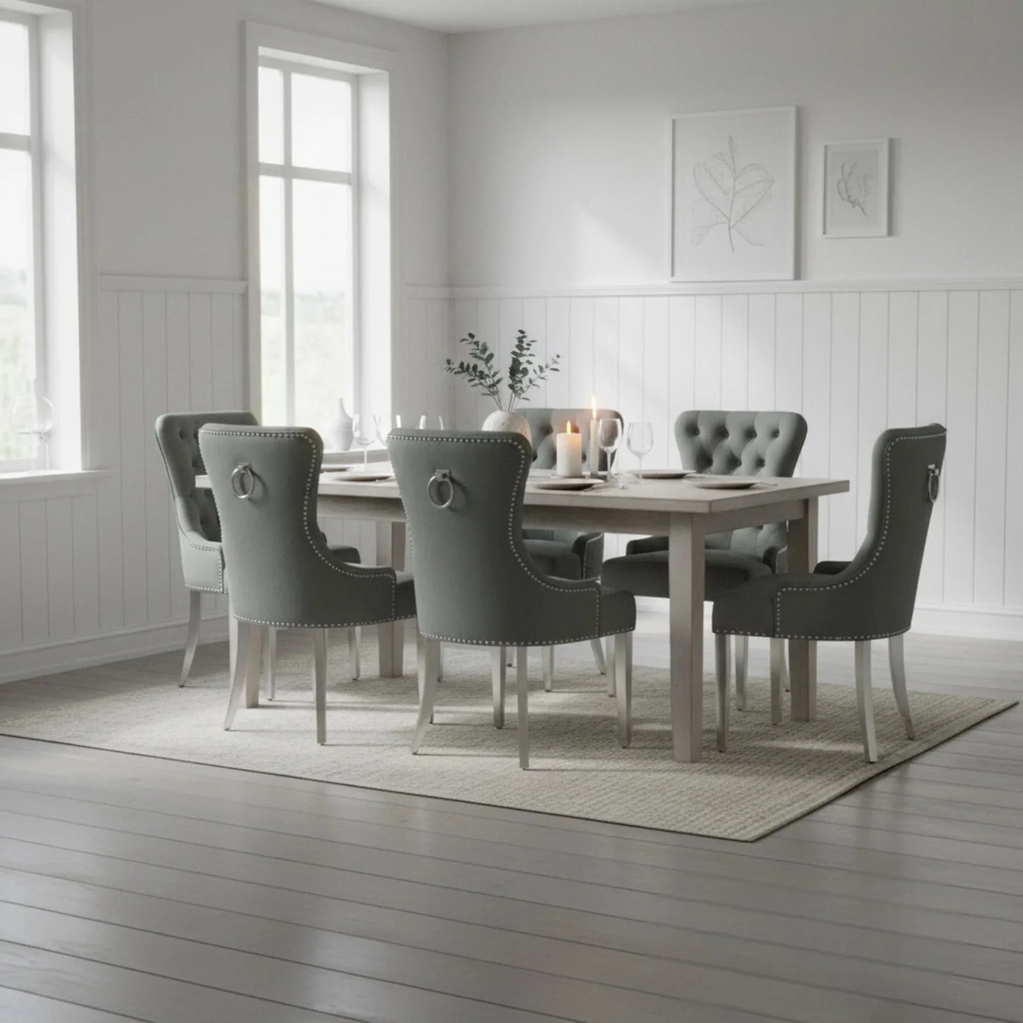 ALUXO Megan Dark Grey Velvet Dining Chair With Chrome Ring Knocker And Studded Detail