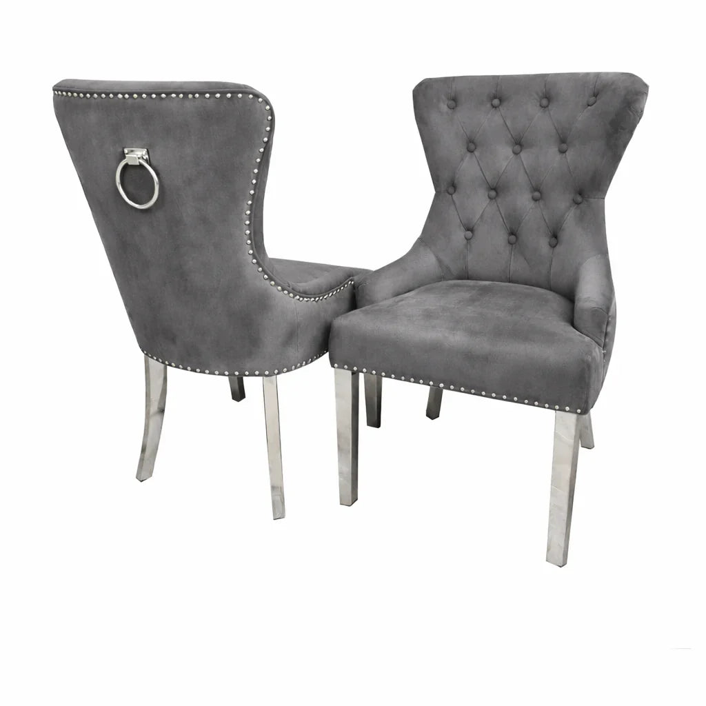 ALUXO Megan Dark Grey Velvet Dining Chair With Chrome Ring Knocker And Studded Detail