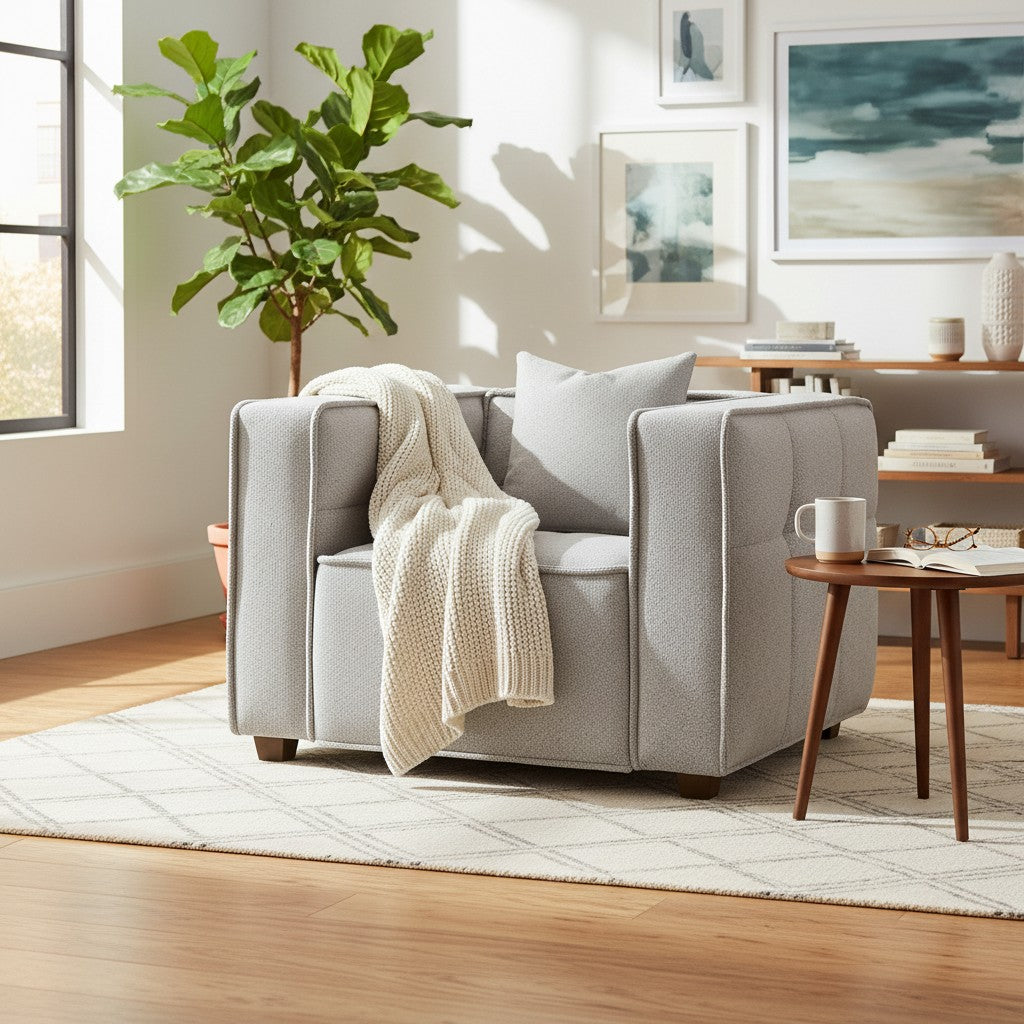 ALUXO Murray Modern Chesterfield Design Armchair In Putty Boucle Fabric