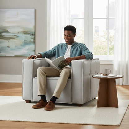 ALUXO Murray Modern Chesterfield Design Armchair In Putty Boucle Fabric