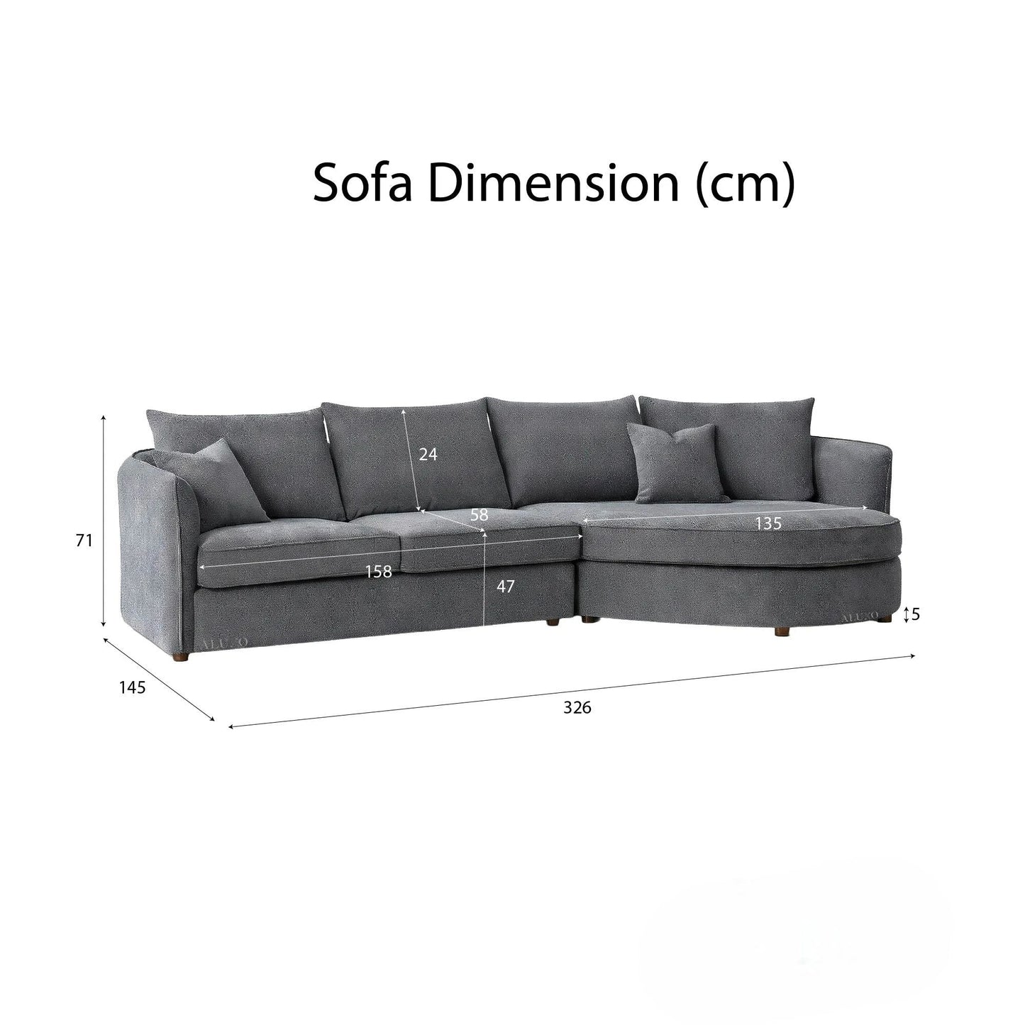 ALUXO Rubin Right Hand Facing Corner Sofa In Charcoal Grey Boucle Fabric