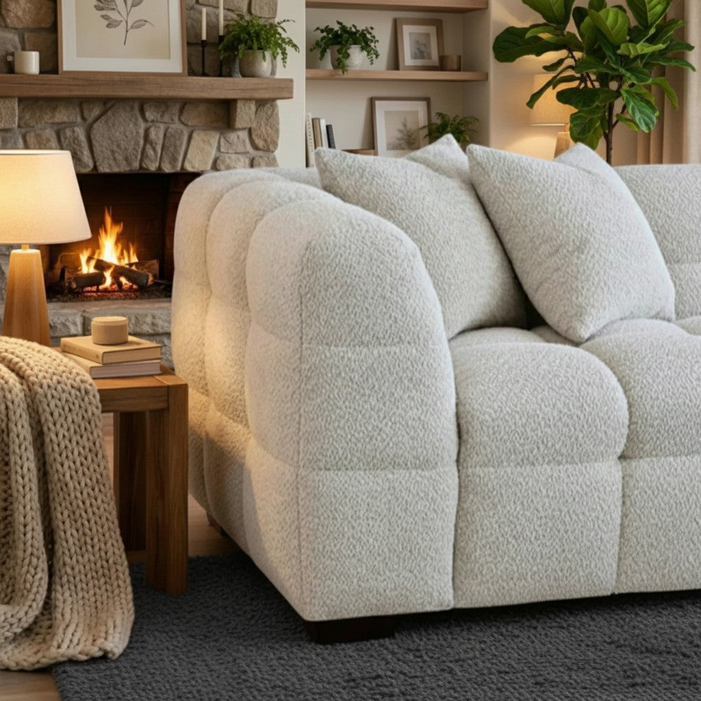 ALUXO Tribeca Bubble 4 Seater Large Sofa In Pearl Boucle Fabric