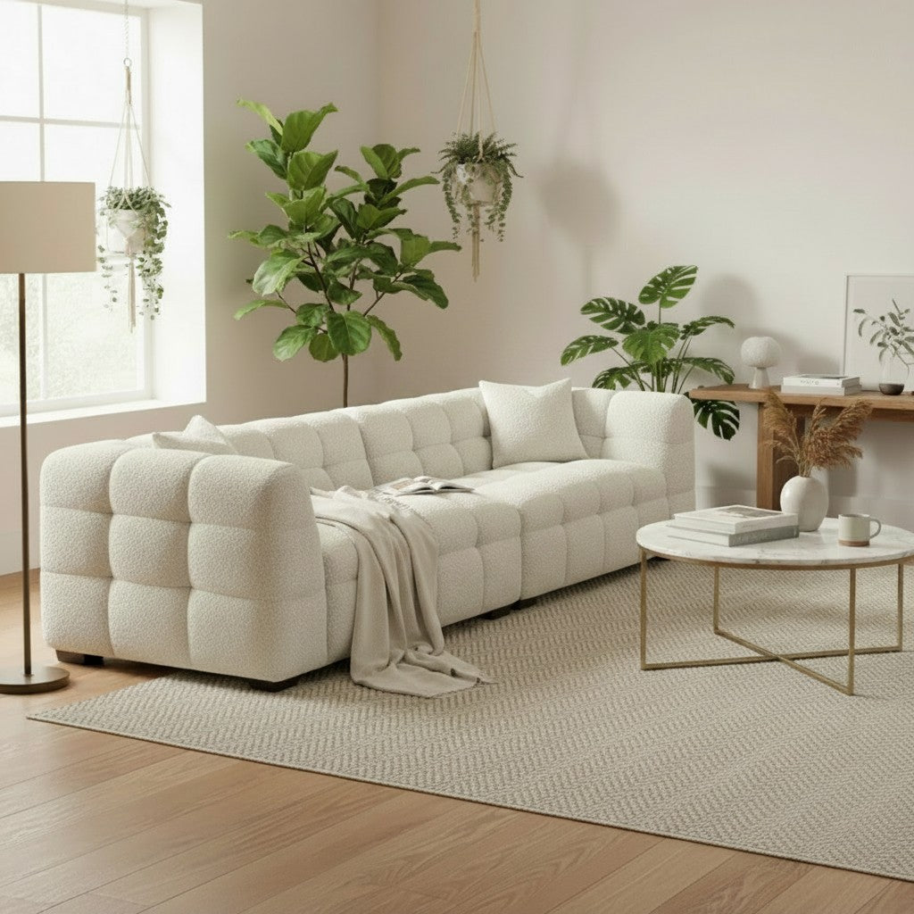ALUXO Tribeca Bubble 4 Seater Large Sofa In Pearl Boucle Fabric
