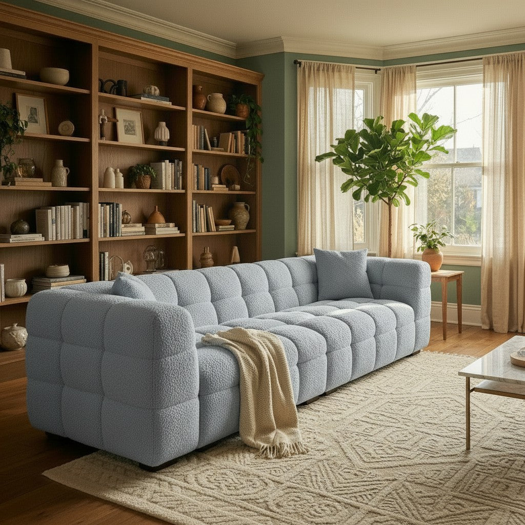 ALUXO Tribeca Bubble 4 Seater Large Sofa In Pearl Boucle Fabric