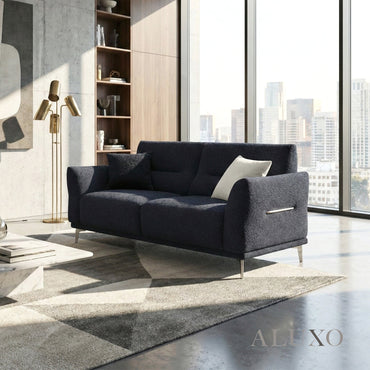 ALUXO® Albany 2 Seater Compact Sofa – Midnight Black Bouclé | Deep Cushion Comfort