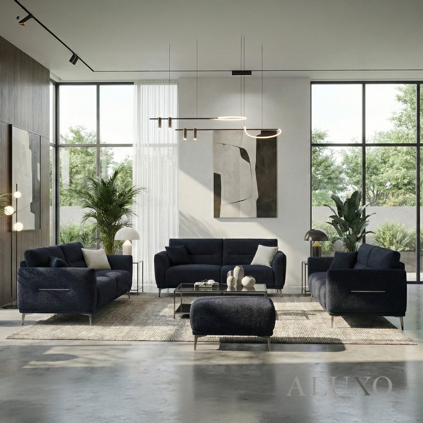 Albany Complete Sofa Set – 4+3+2 Seater with Footstool | Midnight Black