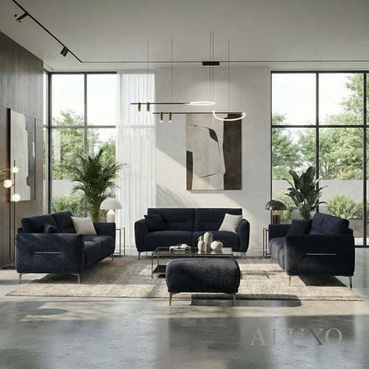 Albany Complete Sofa Set – 4+3+2 Seater with Footstool | Midnight Black