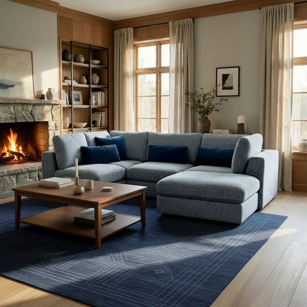 Aluxo Madison 4+1+Storage Footstool Modular Sofa In Blue Boucle Fabric